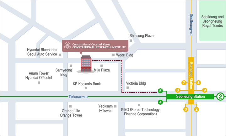 The Constitutional Court Research Institute is located near Miju Plaza near Exit 5 of Seolleung Station.